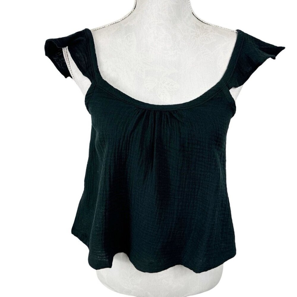 Marine Layer‎ Women's S Jude Cropped Flutter Sleeve Tank Black Gauze NWT